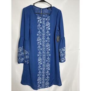AUW Boho Festival Style Dress Size Small Blue Botanical Pattern Faux Embroi NWT